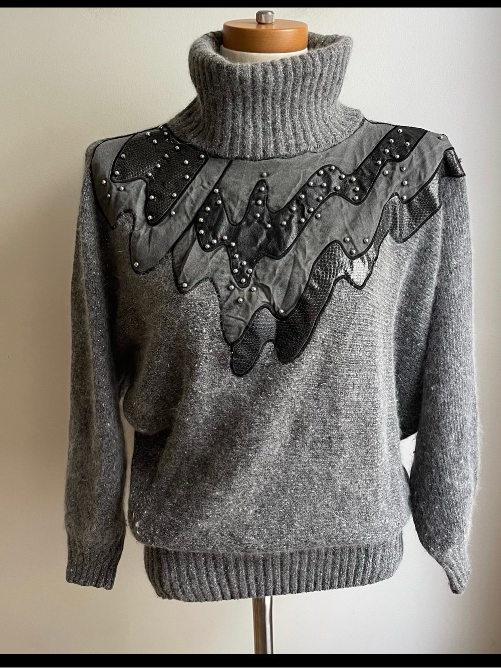 VINTAGE Gray Angora, Silk, Wool Turtleneck Sweater with Studded Appliqué